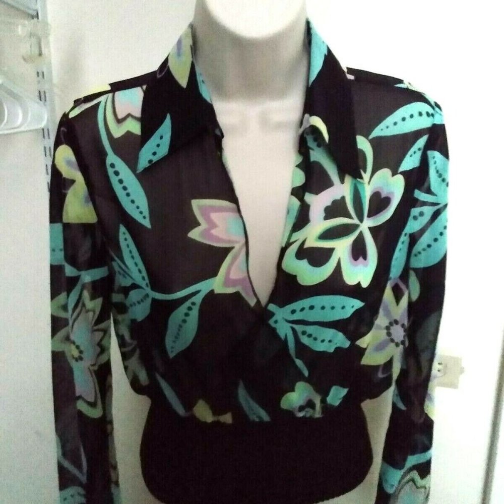 Bebe Black Flower Open Collar Sheer Crop Top Sz S